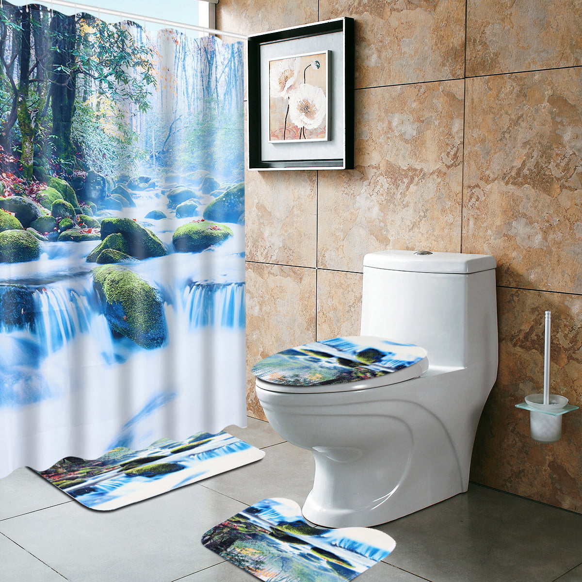 Waterfall Landscape Bathroom Shower Curtain Non-Slip Carpet Set Toilet Cover Mat 