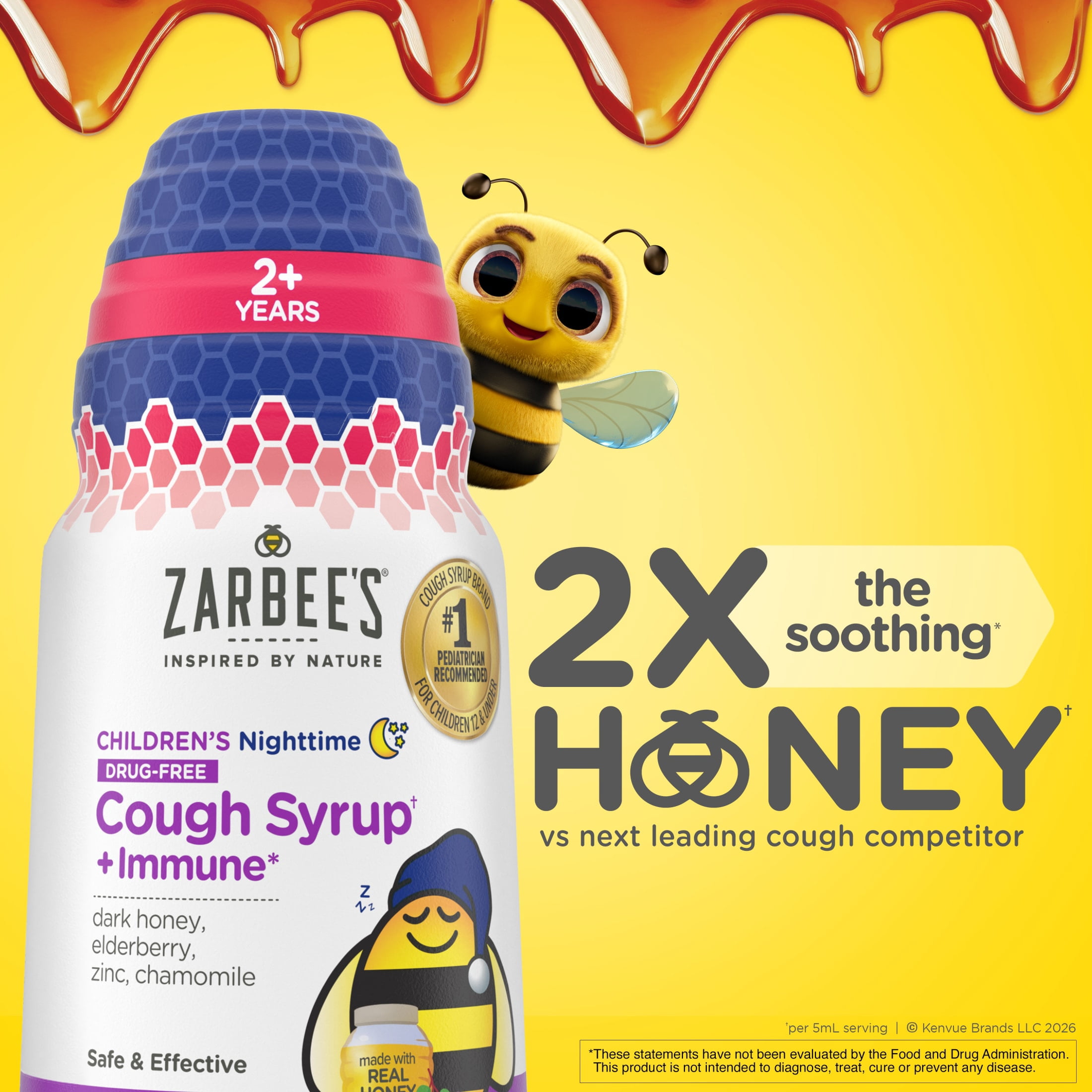 (4 pack) Zarbee's Children's Night Honey Cough Syrup + Immune, Berry, 4 fl. oz