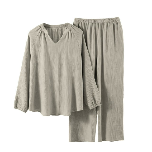Jindong Pyjama pour Femmes Ensemble Dames Pyjama en Pur Coton Teint en Fil avec Manches de Neuf Minutes et Cardigan Ensemble de Robe de Maison Tout Coton Tenue d'Intérieur pour Femmes