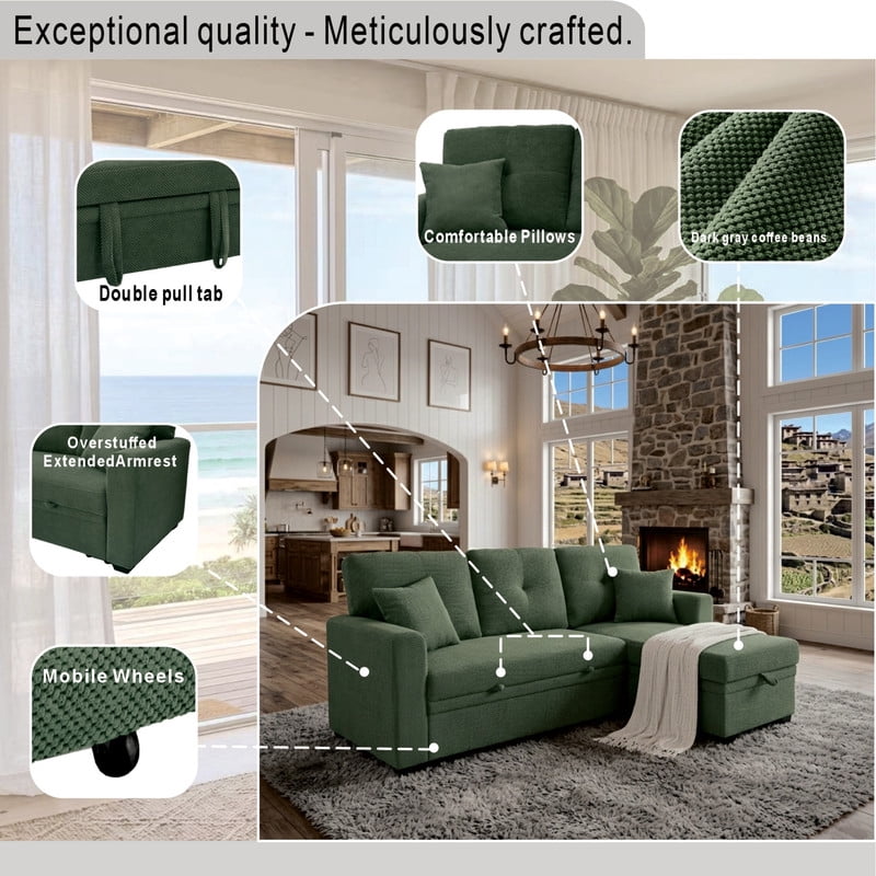 Convertible Sleeper Sectional Sofa with Pull-Out Bed & Reversible Chaise, Loveseat Couch with Hidden Storage for Small Spaces