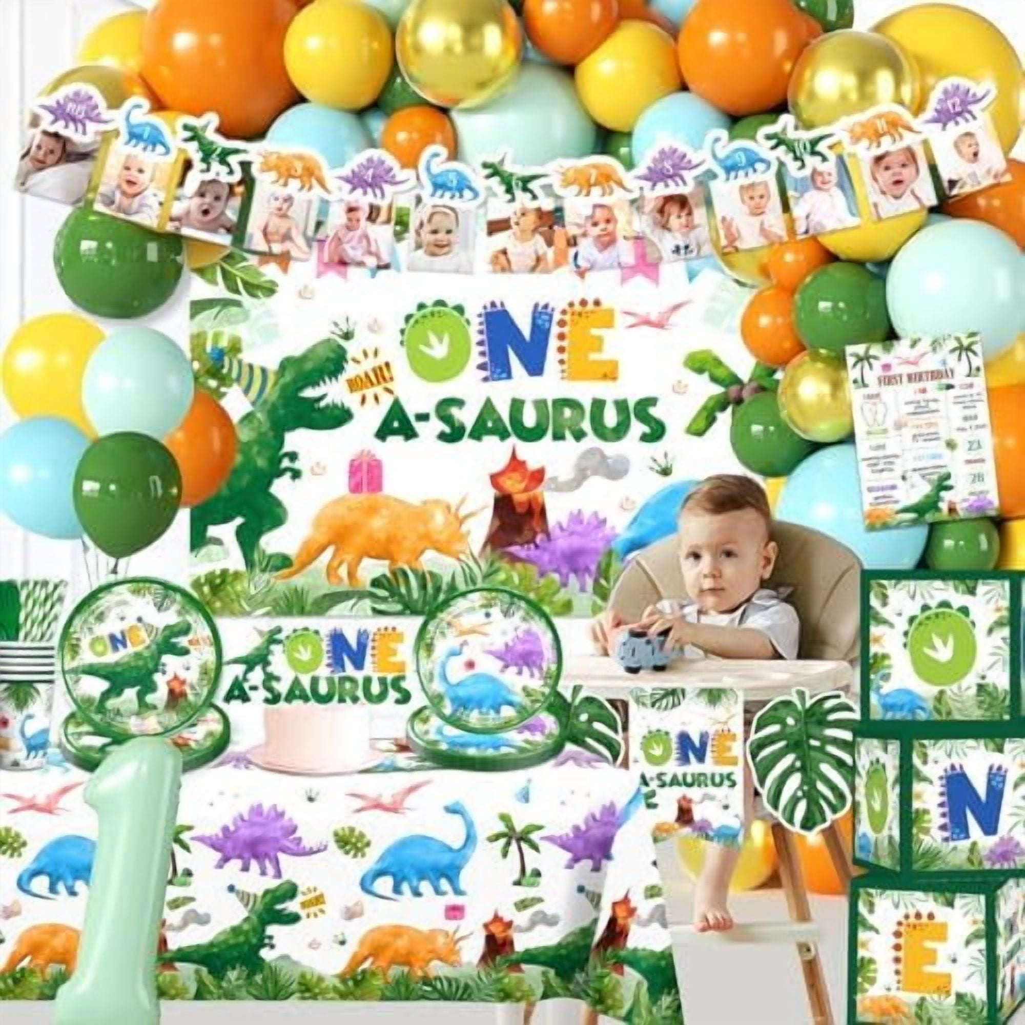 242Pcs One a Saurus Birthday Decorations Serves 20 Guests, One-stop Dinosaur 1st Party Pack with Plates, Party Hat, Backdrop, Tablecloth, Balloon Arch for 1st Birthday Decorations Boy