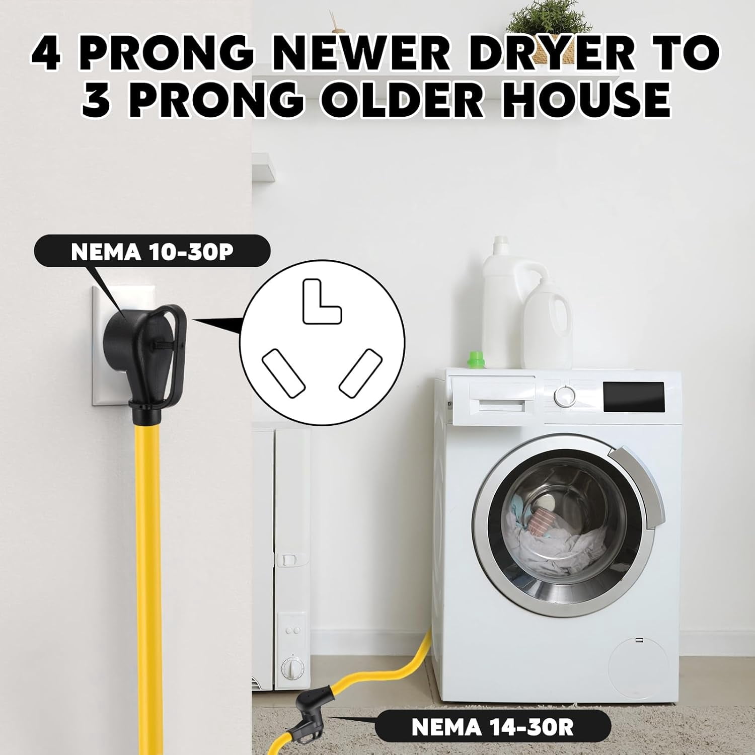 3 ft Dryer Adapter 4 Prong to Prong Convert Cord Compatible with Nema 10-30p Plug 14-30r Receptacle 3male Female Outlet 10 Awg STW Etl Listed(Yellow)