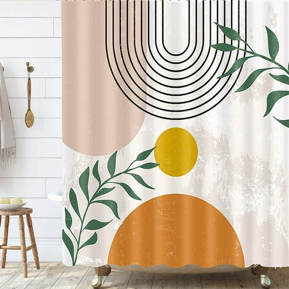 Mid Century Boho Shower Curtain, Abstract Modern Cute Aesthetic Terracotta Sun Print Minimalist Fabric Shower Curtains Set, Scandinavian Geometric Leaves Bathroom Decor