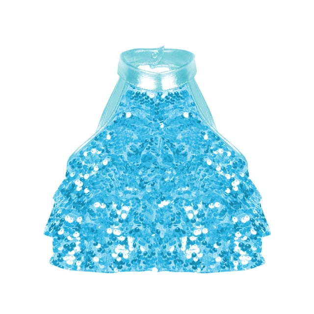 iefiel Girls Sequins Ruffle Dance Crop Tops Ballet Jazz Latin Dance Tank Tops Camisole Stage Performance Light Blue 4