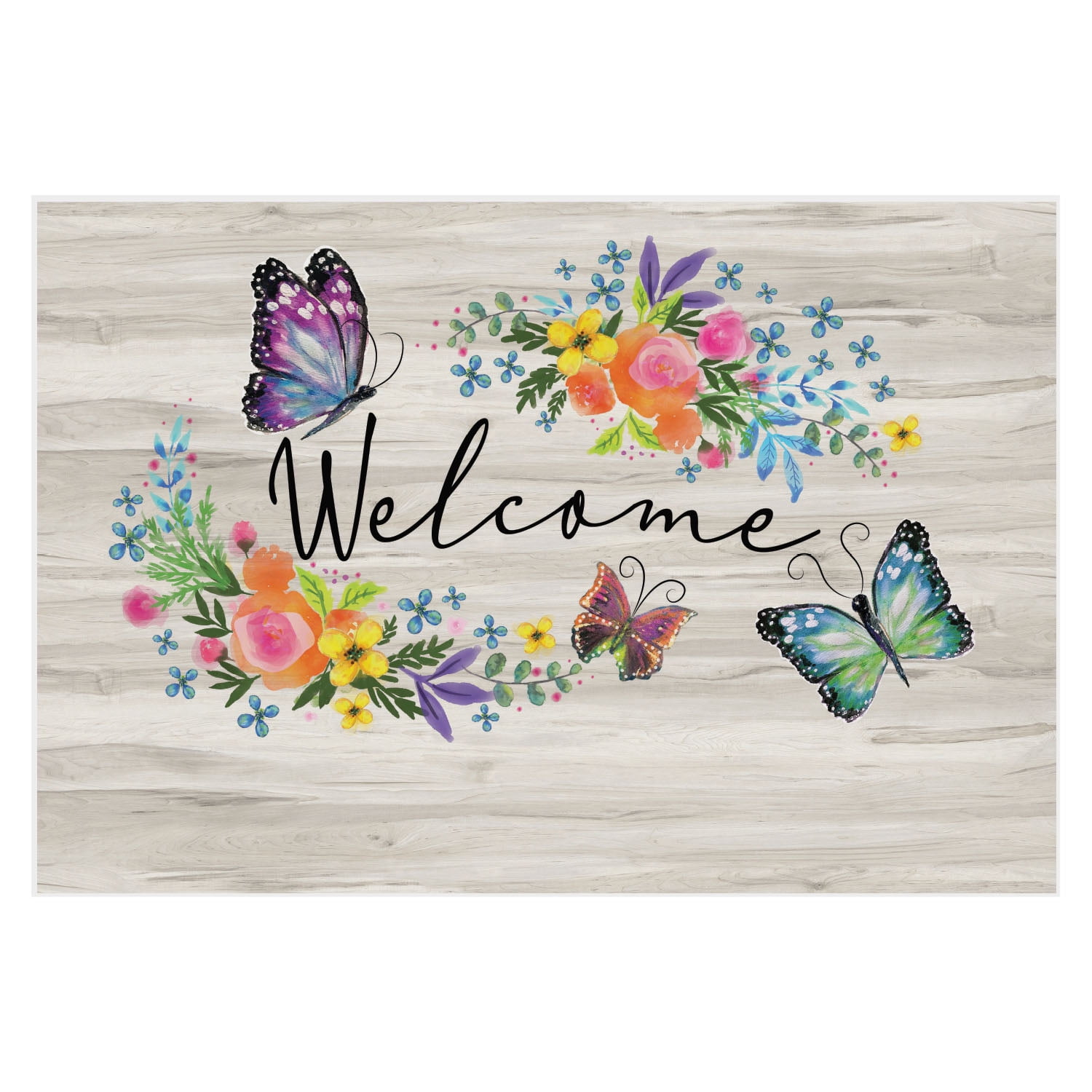 Personalized Planet 27x18 Butterfly Welcome Doormat with Custom Family Name Printed on Tan Rectangular 1/4” Thick Non Slip Mat for Kitchen Hallway Deck or Porch