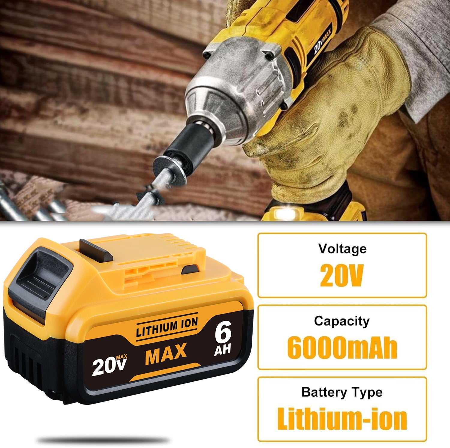 2 Pack 6.0Ah DCB206 Replacement for Dewalt 20V MAX Battery and DCB112 Charger Combo Compatible with 20V Battery Lithium DCB207 DCB204 DCB200 DCB201 DCB203 Series Power Tool