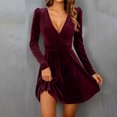 thumbnail image 6 of Byworldtasic Women's V Neck Velvet Midi Dress Long Sleeve Formal Cocktail Dress High Waist A-Line Flowy Dress for Wedding Guest, 6 of 8