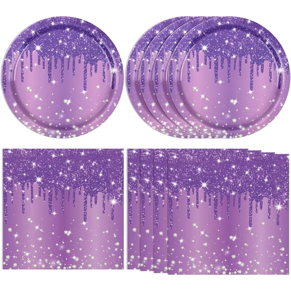 ZEN 40 PCS Purple Birthday Decorations - Includes 20 Paper Plates and 20 Napkins Purple Silver Glitter Party Supplies for Girl Women’s 21st 30th 40th 50th 60th 70th 75th 80th Birthday,Serves 20