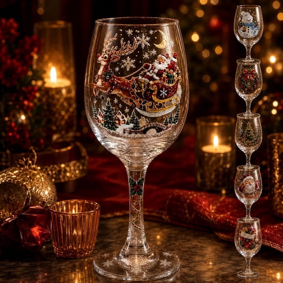 Christmas 3D Wine Glass Collection Gift Box Set, Stem Wine Drinkware, Christmas Handcrafted 3D Glass for Cocktails, Holiday Party & Table Decor, Wine Lovers
