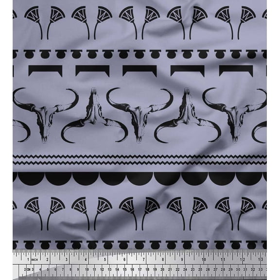 Soimoi Grey polyester Crepe Fabric Floral & Buffalo Head African Printed Fabric 1 Yard 42 Inch Wide