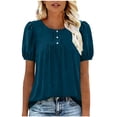 thumbnail image 2 of Craaazy Women Casual Round Neck Blouse, Solid Color Short Sleeve Puff Sleeve Top, Loose Fit Comfy Ruched Front Tee for Daily Wear Gifts, 2 of 5
