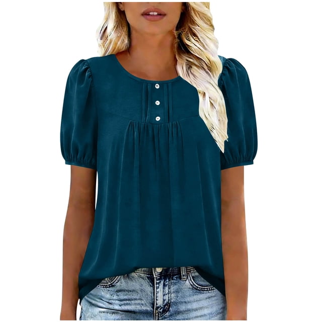 BLVB Plus Size Womens Summer Tops Puff Short Sleeve Crew Neck Pleated T Shirts Button Loose Dressy Casual Tunic Blouses