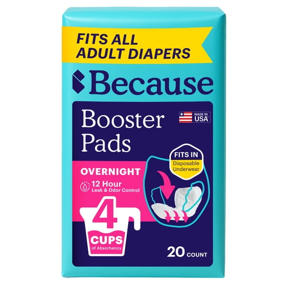 Because Incontinence Booster Pads Overnight - Ultra Long 16", For Women and Men, Adds 4 Cups Absorbency to Adult Diapers. 20 Boosters