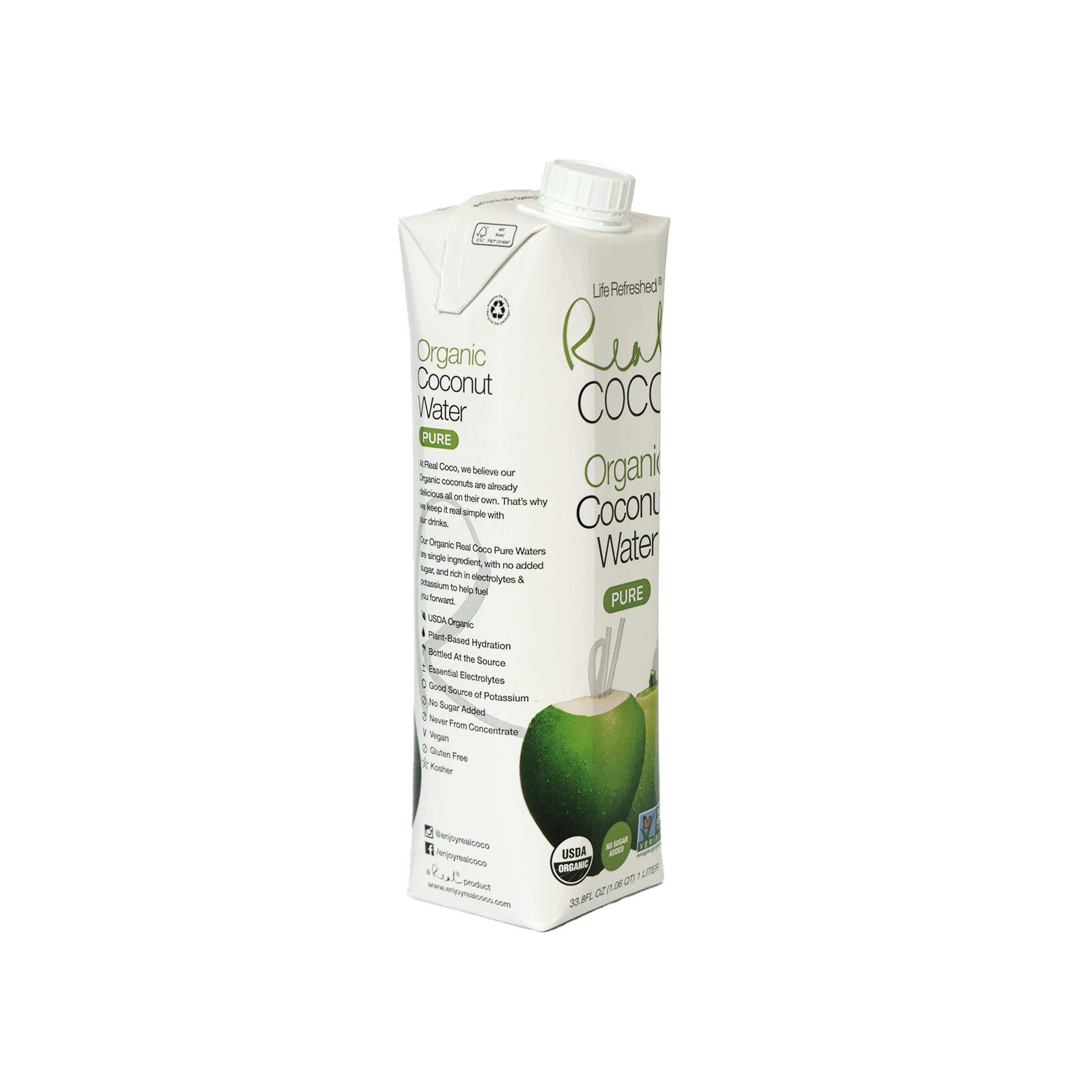Real Coco Organic Coconut Water, 33.8 oz, Pure, Liquid, NON GMO, Shelf Stable, Cardboard Bottle, New