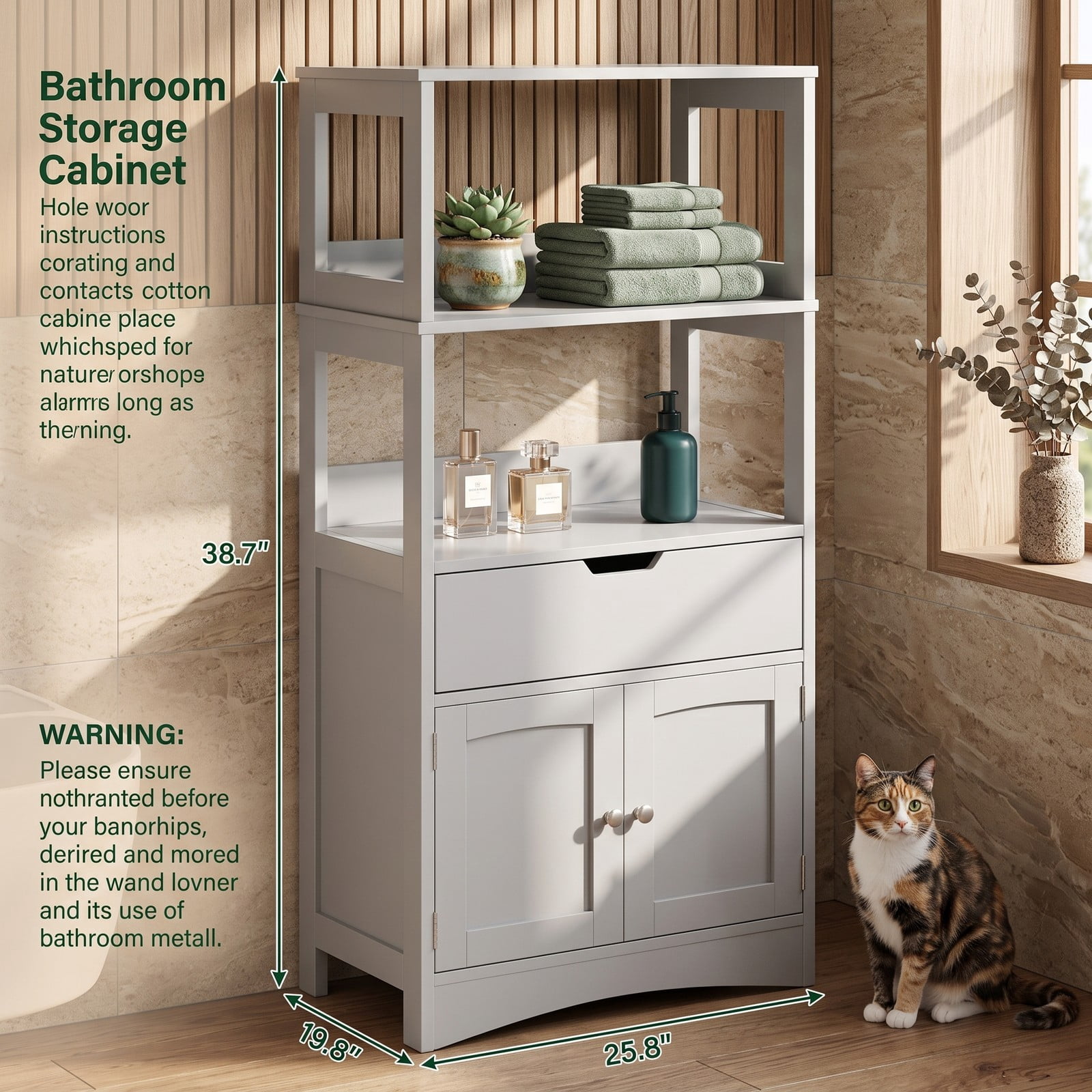 Fenbeli Bathroom Storage Cabinet, Freestanding Floor Cabinet with 3 Open Shelves, Pull-Out Drawer & 2 Doors, Anti-Toppling Wooden Organizer for Bathroom Kitchen, Gray