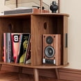 thumbnail image 6 of Tall Vinyl Record Player Stand, 4 Tier Arched Bookshelf with Sliding Doors, Retro Small Record Storage Cabinet, Fluted Media Display Shelf, Mid Century Modern Turntable Stand for Living Room, Walnut, 6 of 7