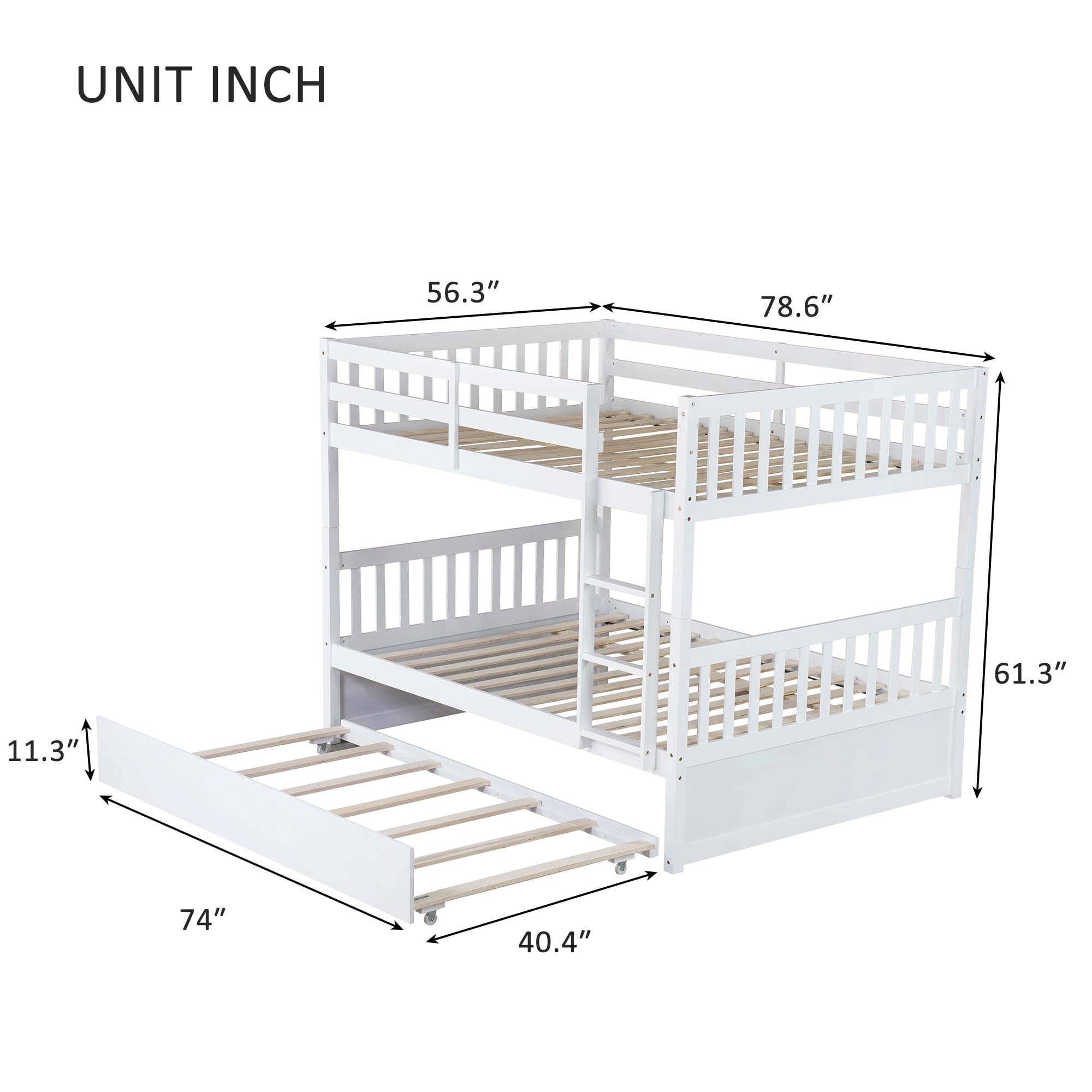 Leumius Full Over Full Size Bed Frame with Trundle, Ladder and Guardrails, Convertible to 2 Full Size Beds, Rubber Wood Bed with Twin Size Trundle for Boys Girls White