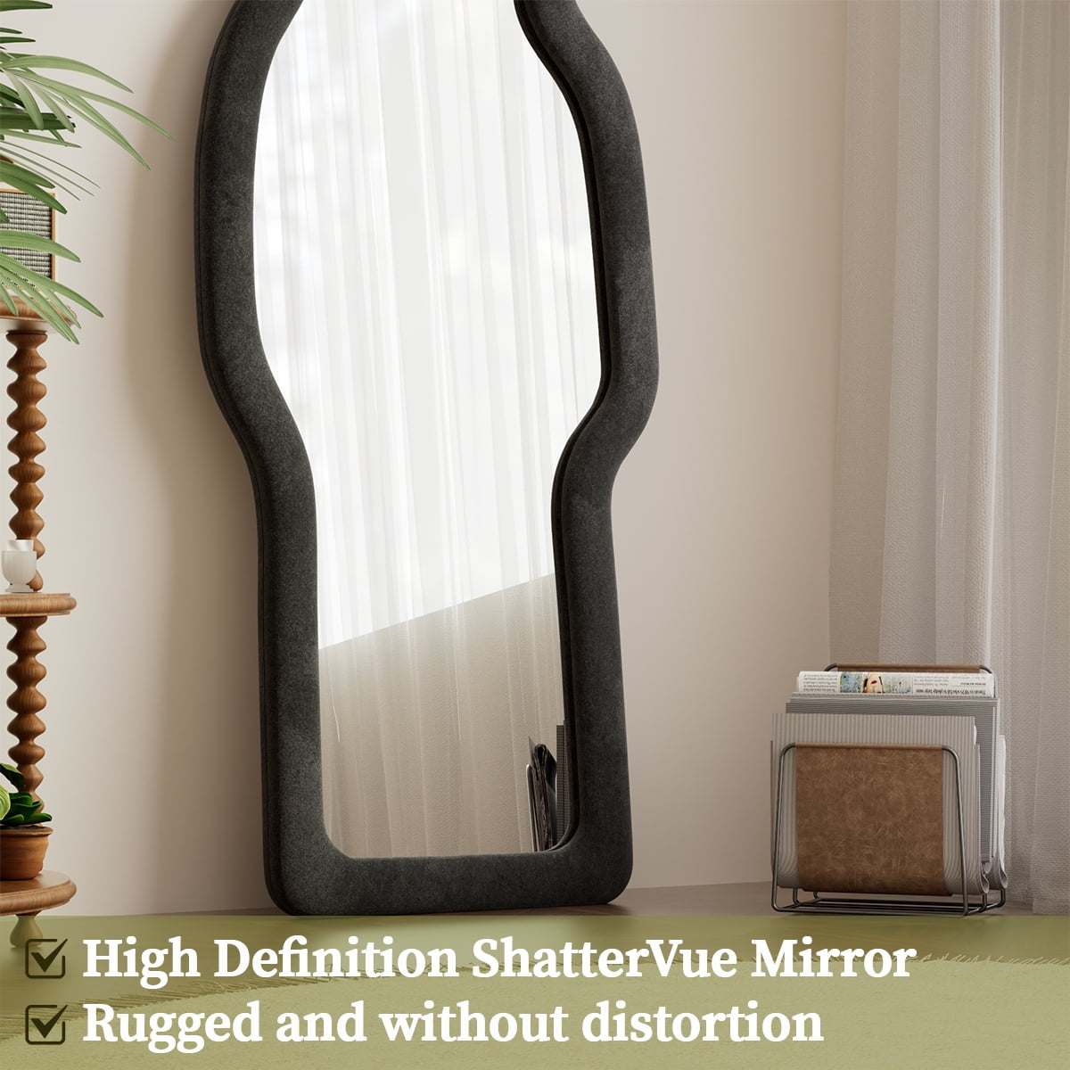 Easy4Home 63"x24" Irregular Full Length Mirror with Bear Shaped Flannel Frame Decorative Round Edge Floor Mirror, Black