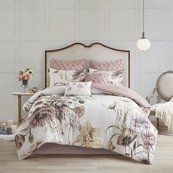 GDF Studio 8-Piece Cozy Cotton Floral Comforter Set, Shabby Chic Style, King Size, Blush