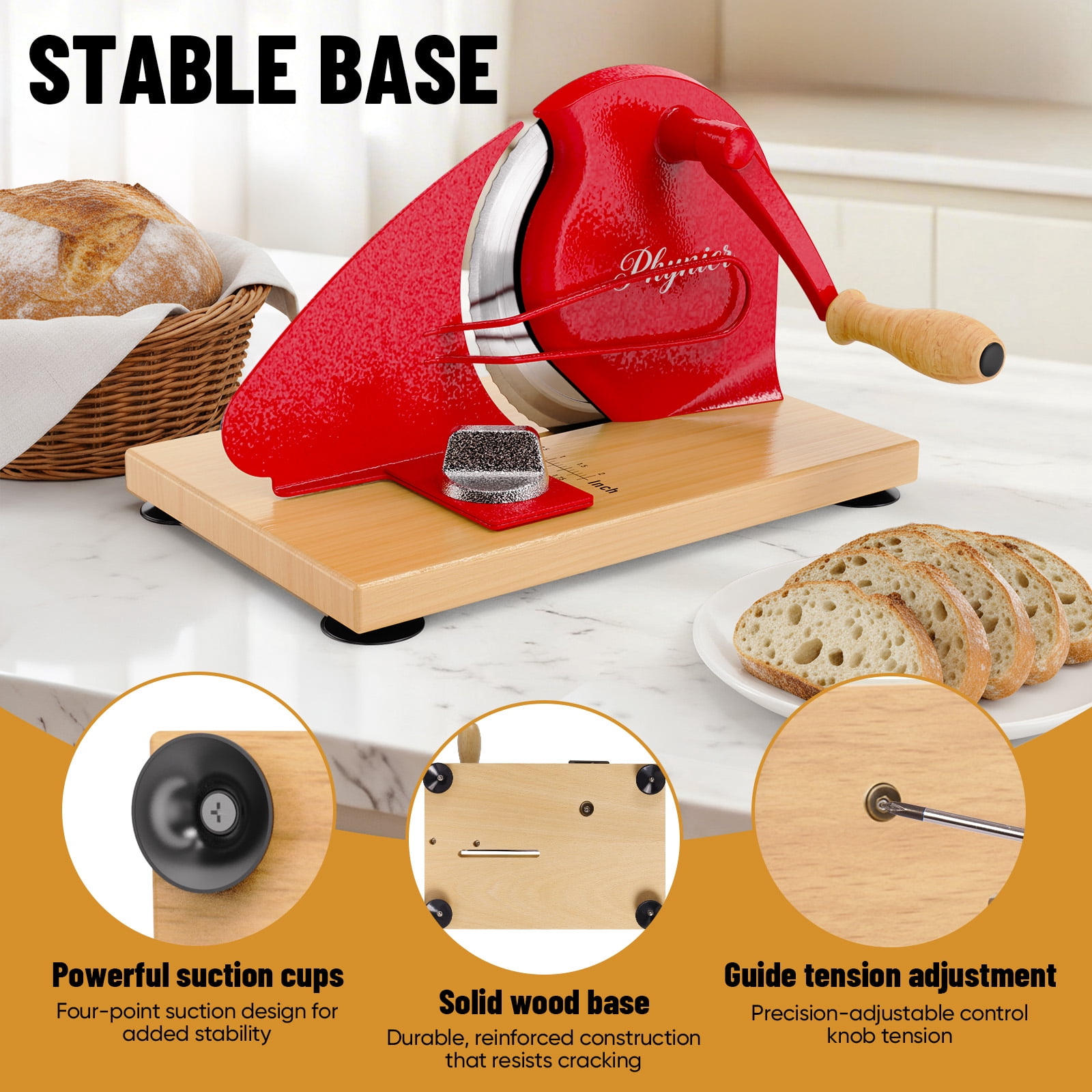 Upgrade Manual Bread Slicer for Homemade Bread, Sourdough Slicer with Hand Crank, Metal Guide Rail, Non-Slip Suction Base & Sharp Blade, Adjustable Thickness and Evenly Slicing