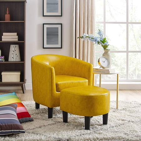 Yellow Ghost Chair DAZONE Modern Leather Accent Chair Upholstered Arm Chair Linen Fabric Single Sofa Barrel Chair with Ottoman Foot Rest Yellow ()
