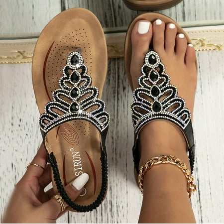 

XIAQUJ Sandals for Women Comfort with Elastic Ankle Strap Casual Bohemian Beach Shoes Fashion Rhinestone Decor Scallop Trim Thong Sandals Sandals for Women Black_002 9(42)