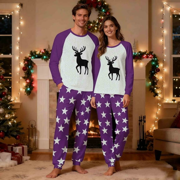 REORIAFEE Christmas Pajama Sets 2 Piece Loungewear Long Sleeve Top and Pant Santa Graphic Soft Sleepwear Purple S-2XL