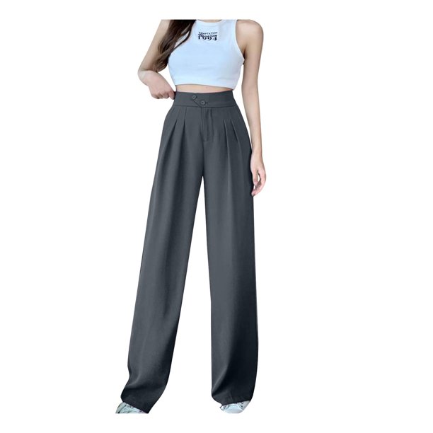 ICHUANYI Clearance Women's Spring And Color Versatile Straight Tube High Waisted Commuting Suit Pants Wide Leg Pants(Gray, L) ICHUANYI WER2023081114538