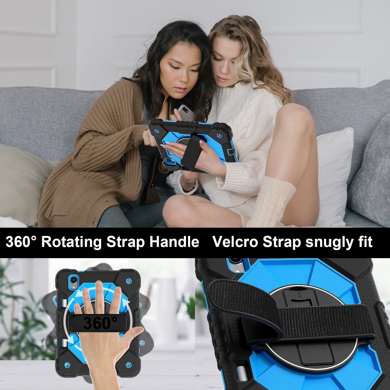 For iPad Mini 7th 6th Generation Case with Pencil Holder, Heavy Duty Shockproof Ruggd Rotating Kickstand Hand Strap Cover Case with Shoulder Strap Kids Friendly Case for Apple iPad Mini 6 7,Black+Blue