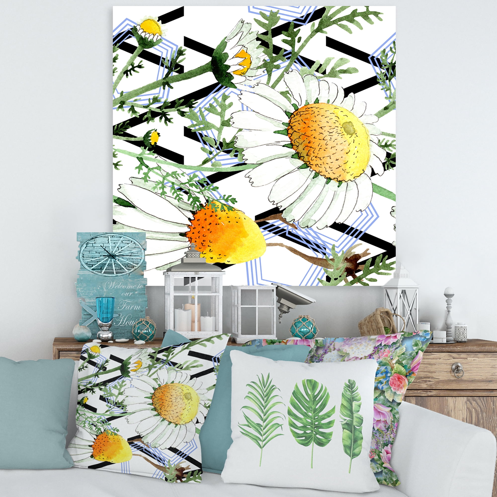 Designart ' Wild Spring Chamomile Flowers On Geometric Lines ' Traditional Canvas Wall Art Print
