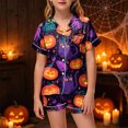 thumbnail image 2 of KPOPLK Girls Short Sleeve Halloween Pajamas Set for Kids Cute Print Collared Tops and Shorts Pjs Set Satin Silk Lightweight Kids Halloween 2 Pieces Outift,Size 4-5 Years, 2 of 5