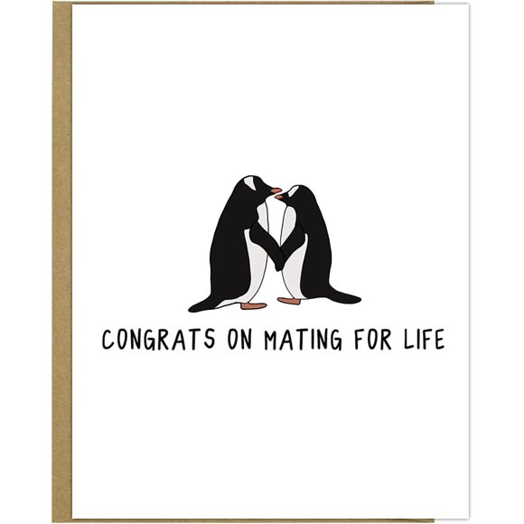 Tarjeta de boda divertida de Rockdoodles para boda y compromiso con pingüino