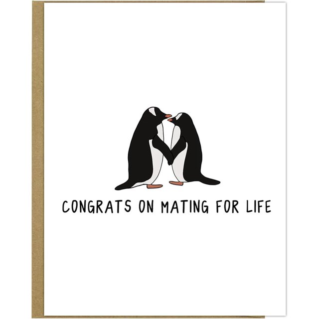 Tarjeta de boda divertida de Rockdoodles para boda y compromiso con pingüino