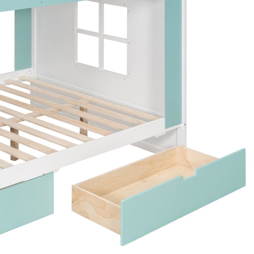 Full Size Bunk Bed with Storage Drawers & Shelves, Two-Tone White & Blue Wood, Integrated LED Light Strip