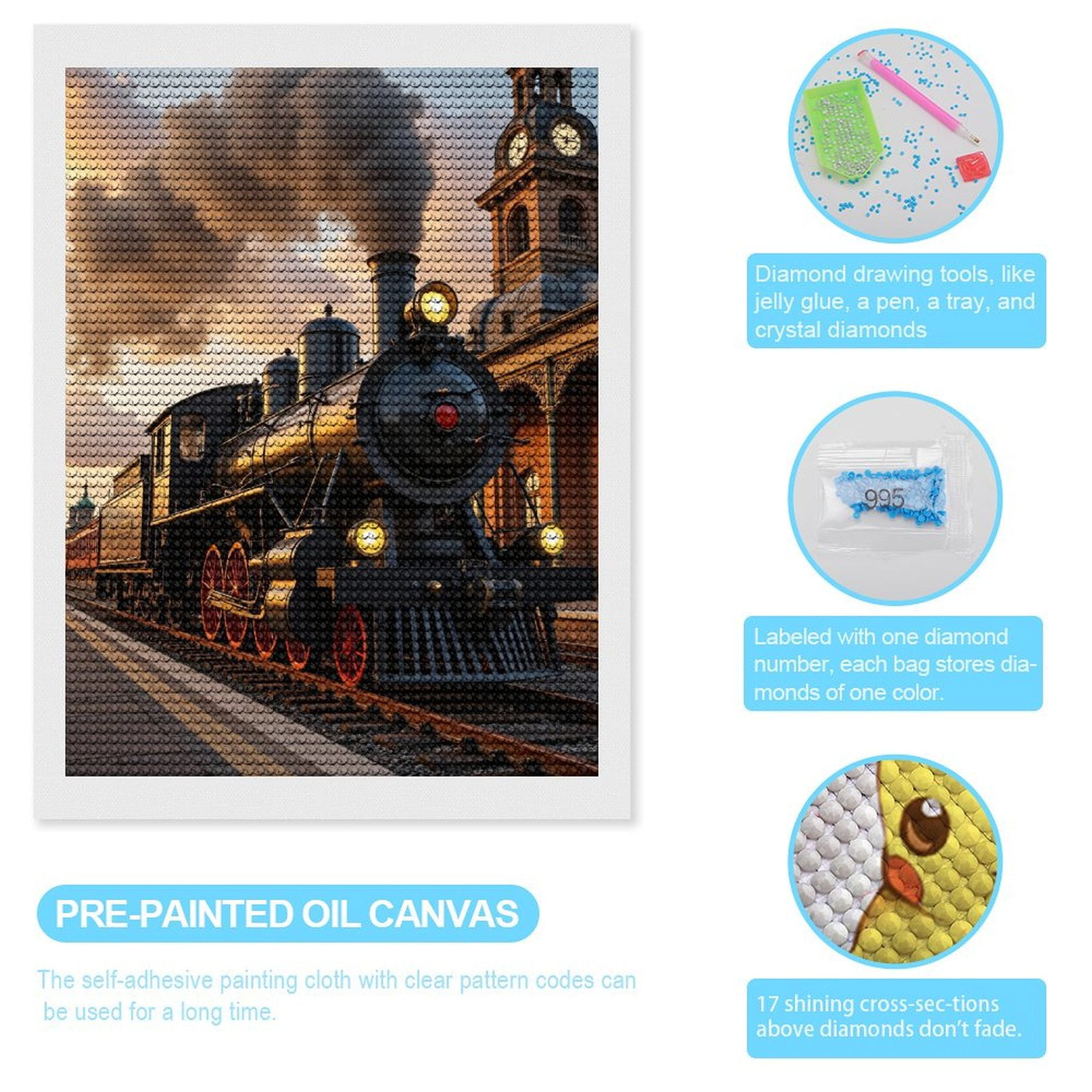 Diamond Art Kits for Adults, Train Vintage Railway Station 5D Diamond Painting Kits for Adults Beginners, DIY Full Drill Diamond Painting, Gem Art and Crafts 12x16