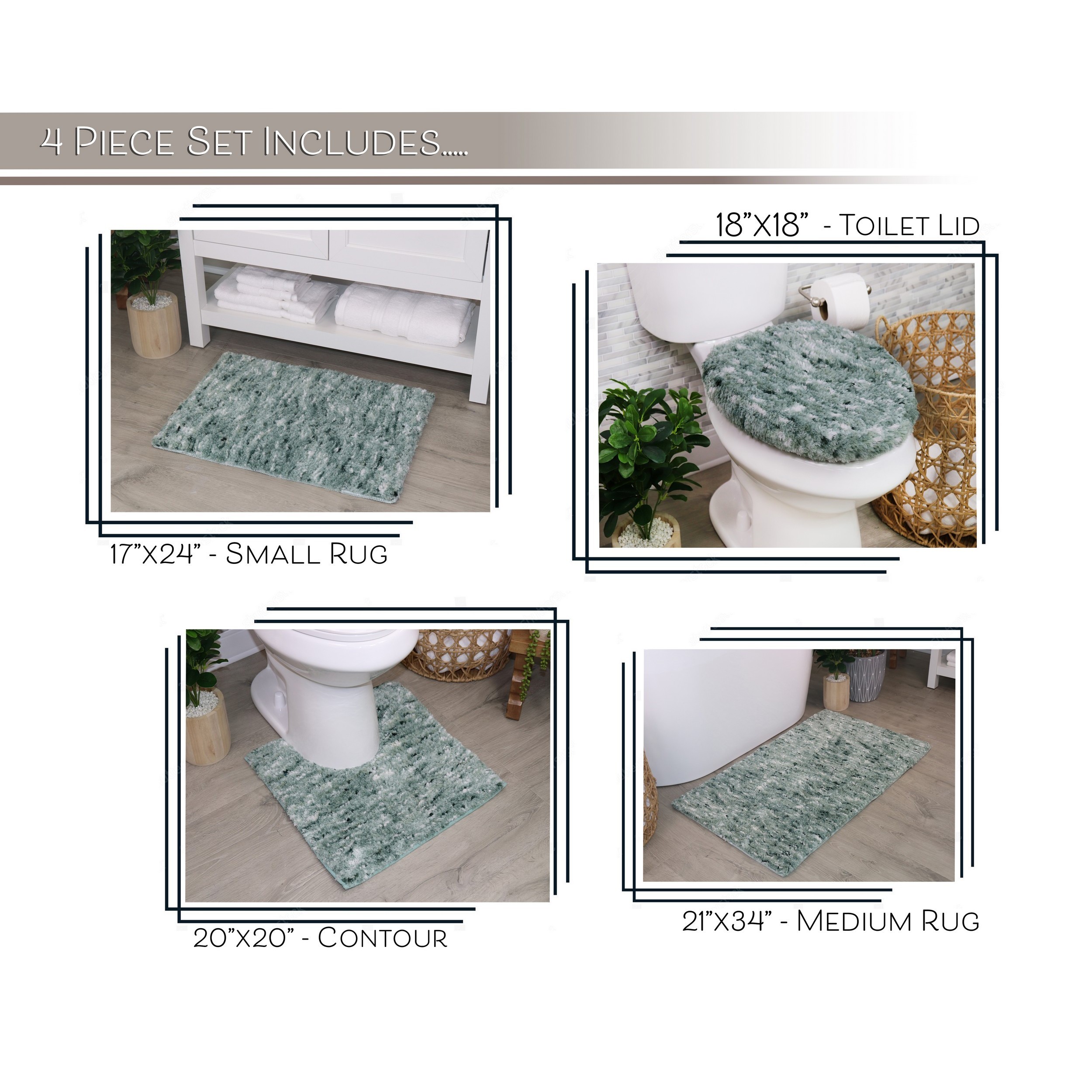 Home Weavers Elegance Bathroom Rugs Sets 4 Piece- Plush Bath Mat Set Quick-Dry Soft Microfiber Bathroom Mat with Rubber Backing, Absorbent Bathroom Rug Set, Washable Bath Rugs, Bath Mats, Green