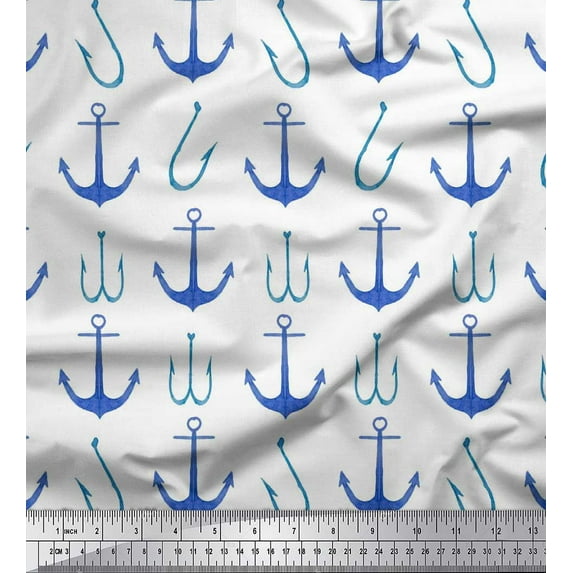Soimoi White polyester Crepe Fabric Anchor Hook Nautical Printed Fabric 1 Yard 52 Inch Wide