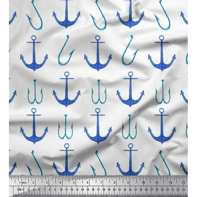 Soimoi White Modal Satin Fabric Anchor Hook Nautical Printed Fabric 1 Yard 42 Inch Wide