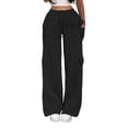 thumbnail image 2 of Women's Cargo Sweatpants Solid Color Drawstring Multi Pocket Elastic Waist Wide Leg Loose Straight Fit Casual Daily Athletic Long Pants, Baggy Sweatpants for Women Black c L, 2 of 6