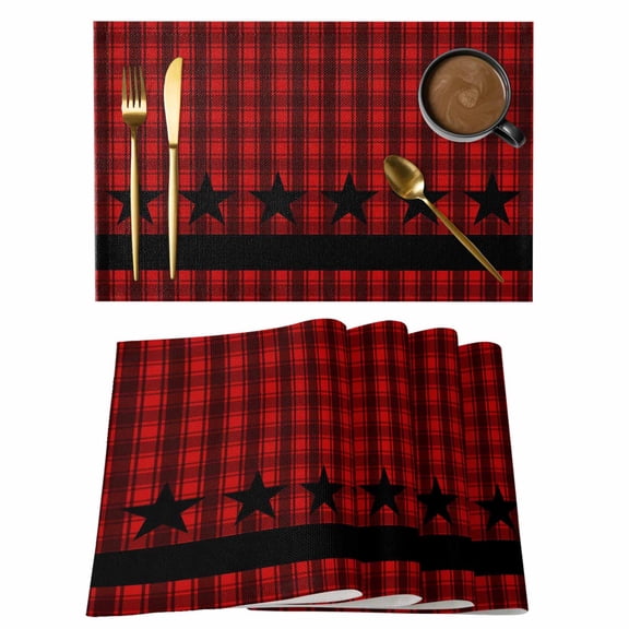 Red Black Plaid Placemats Set of 6, Country Vintage Star Abstract Gingham Placemats for Dining Table, Place Mats for Kitchen Tabletop, Waterproof Wipeable Dining Table Mats Set