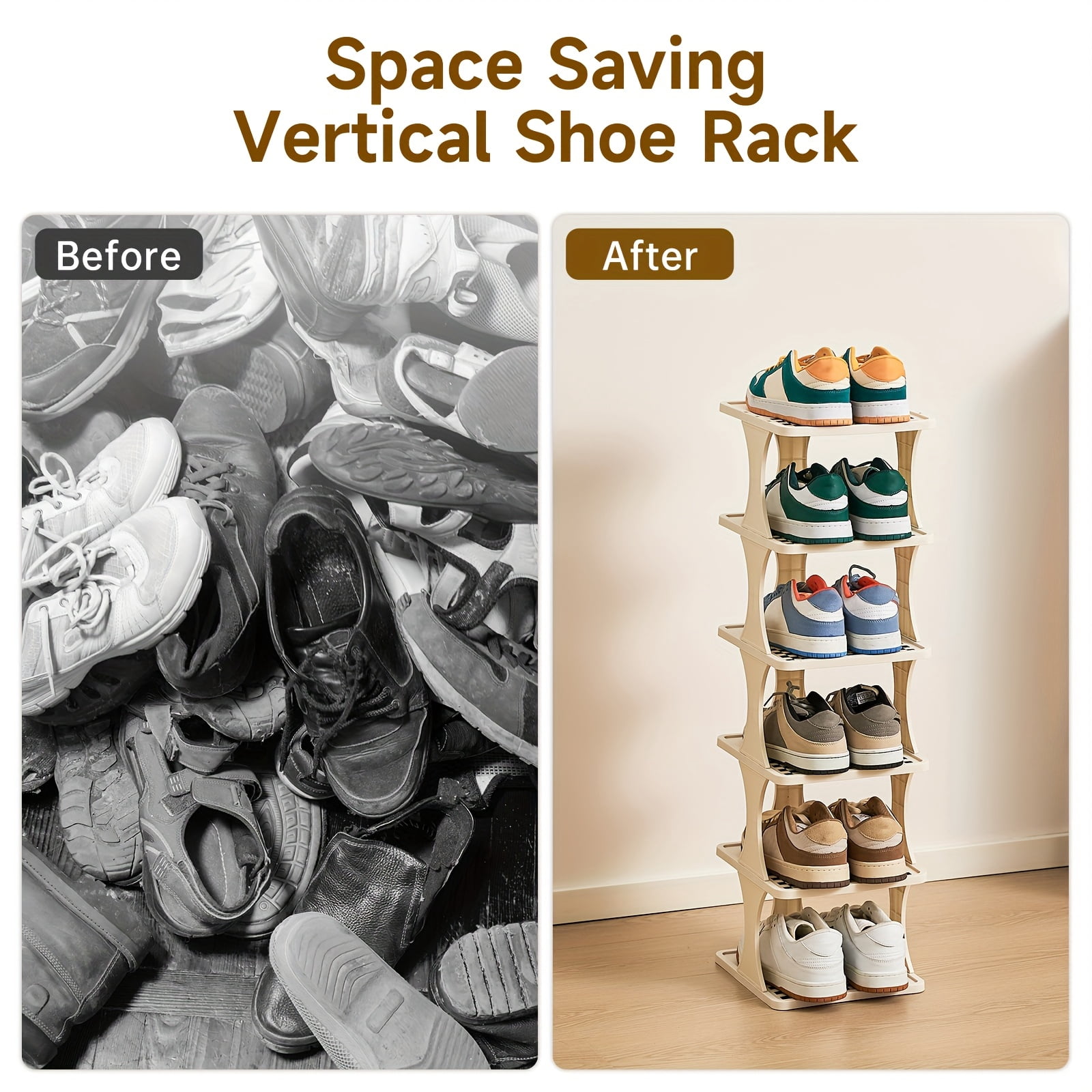 Vertical Shoe Rack: 6 Tier Adjustable Shoe Organizer for Closet, Narrow Entryway, or Bedroom Easy to Assemble and Disassemble (White)