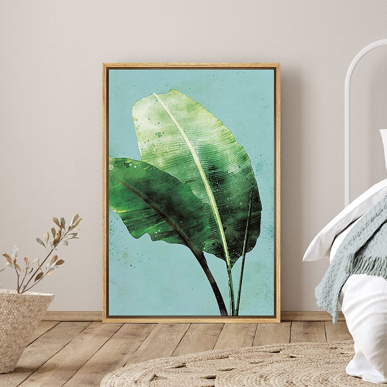 PixonSign Framed Canvas Print Wall Art Banana Leaves on Teal Background