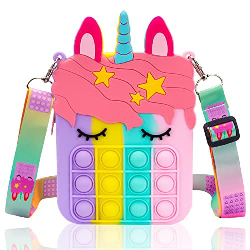 Pop Purse Shoulder Bag Fidget Toys Pop Fidget Backpack Toy for ADHD Anxiety School Supplies Backpack Silicone Bag Pop for Girls Pop Purse for Girl and Women Unicorn Pop Bag with Unicorn Pop Toy 
