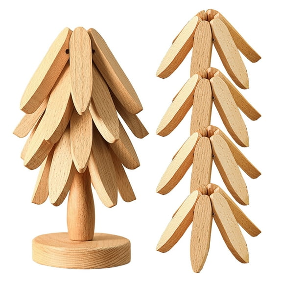 Walnut Wood Tree Trivet Set, Natural Tree Trivet Set,2/3/4 Wooden Trivets & 1 Stand Like a Christmas Tree , Foldable Kitchen Wooden,for Hot Dishes Pot Bowl Teapot Hot Pot Holder