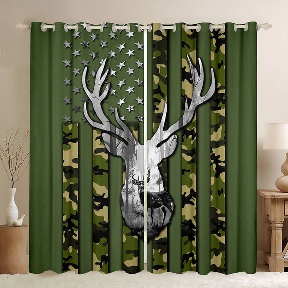 jejeloiu Rustic Camo Pattern Black Out Curtains,Jungle Animal Deer Curtains Pack of 2 (42x63 Each),Green Camouflage Bedroom Curtains For Kids,Luxury Bedroom Decor