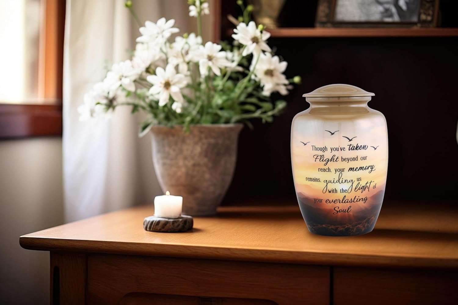 Soulful Flight Cremation Urn for Adult Ashes Sunset Memorial Urn with Birds Large Metal Funeral Urn for Human Ashes Holds Up to 210 Cu In 6.5x6.5x9.75 Inch