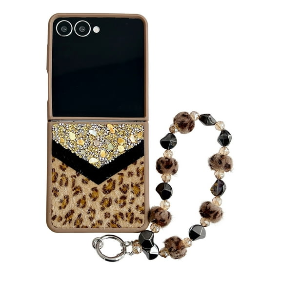 for Samsung Galaxy Z Flip 3 Case with Leopard Print Wrist Strap, Leopard Pattern Plush Fashion Stone Design Shockproof Protective Phone Case with Bracelet for Samsung Galaxy Z Flip 3, Gold