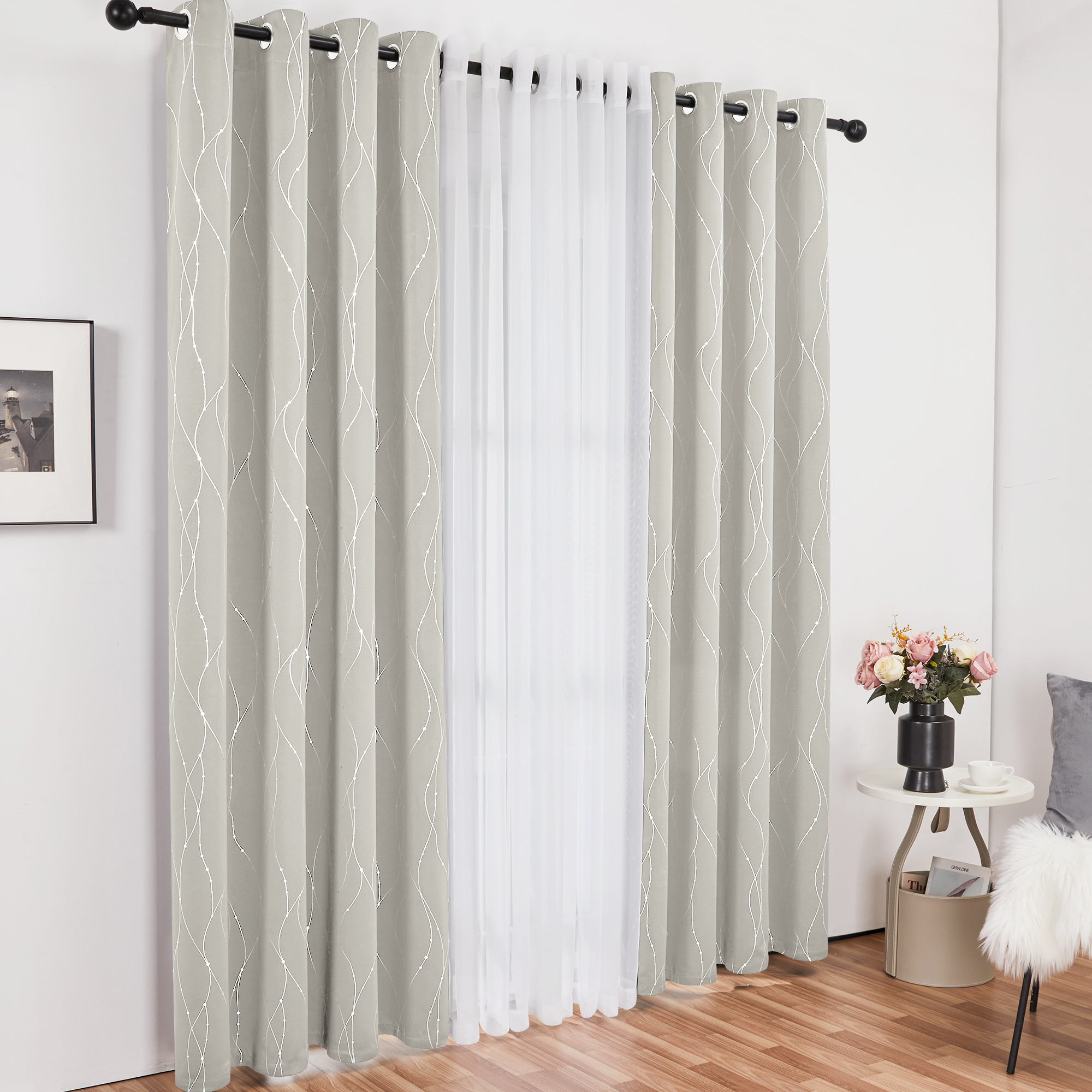 Deconovo 4 Pcs Blackout and Sheer Curtains Set for Bedroom, Light Beige/White, 42"x72", Grommet Top