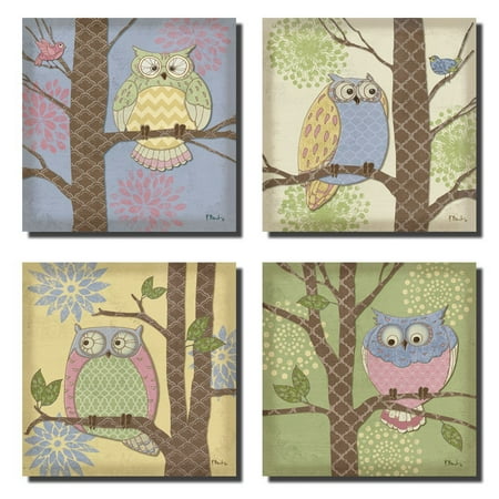 - 4 Pastel Fantasy Owl Set; Kids Room or Nursery Decor; Four 8x8 Poster Prints. Pink, Green, Purple, Yellow