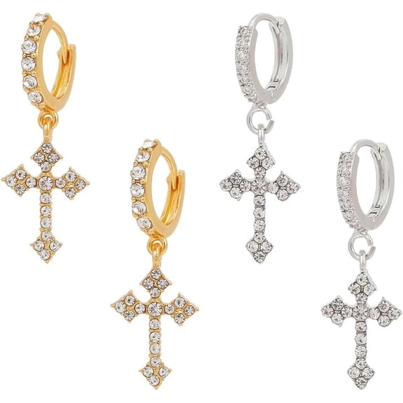 2 Pairs Sliver Gold Plated Drop Dangle Cross Hoop Earrings for Women Crystal Trendy CZ Huggie Hoops Dangling Rhinestone Cross Earrings Opal Cross Earrings Leverback Jewelry Gifts DIY